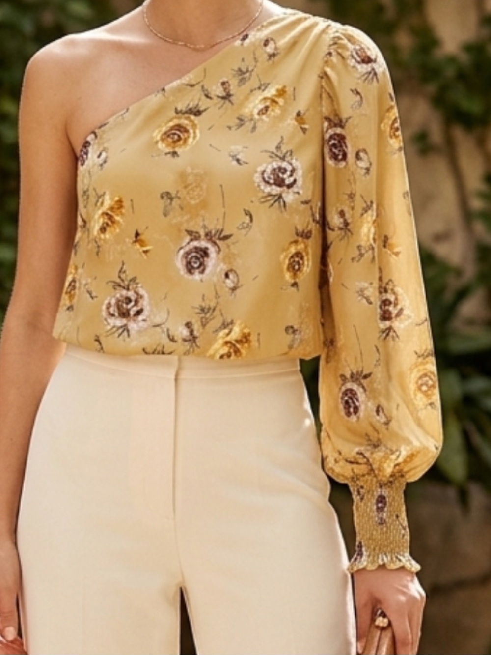 Floral One Shoulder Puff Sleeve Crop Top Boho Cottagecore Mustard Yellow 1X